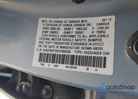 2012 Honda Civic Lx из США, поврежденный, VIN 2HGFB2F5XCH566266